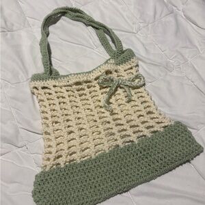 Handmade Crochet Tote Bag in Cream and Sage